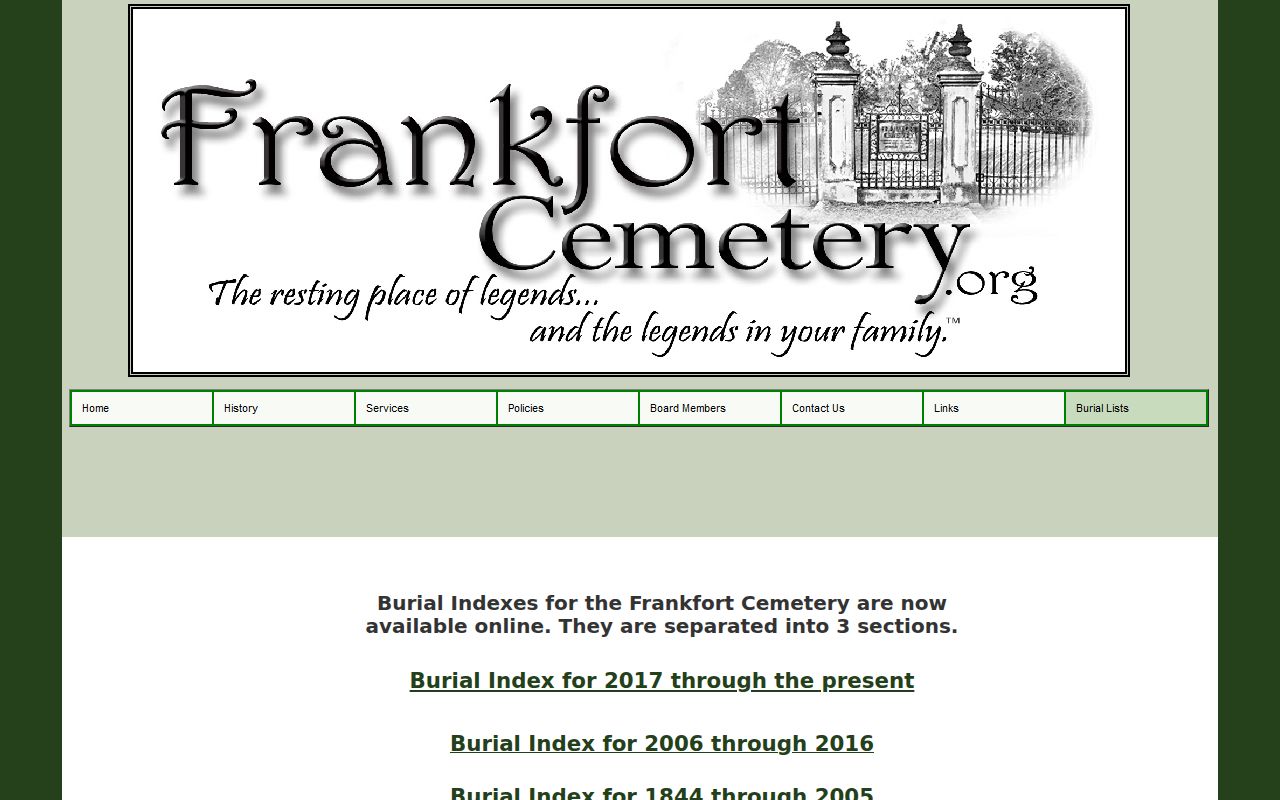 Frankfort previous residents cemetery burial indexes